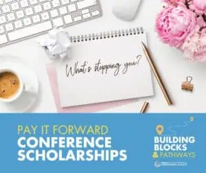 Omega Writers Conference Scholarship. 'Pay it forward'. An image of a notepad saying 'What's stopping you?' on it.